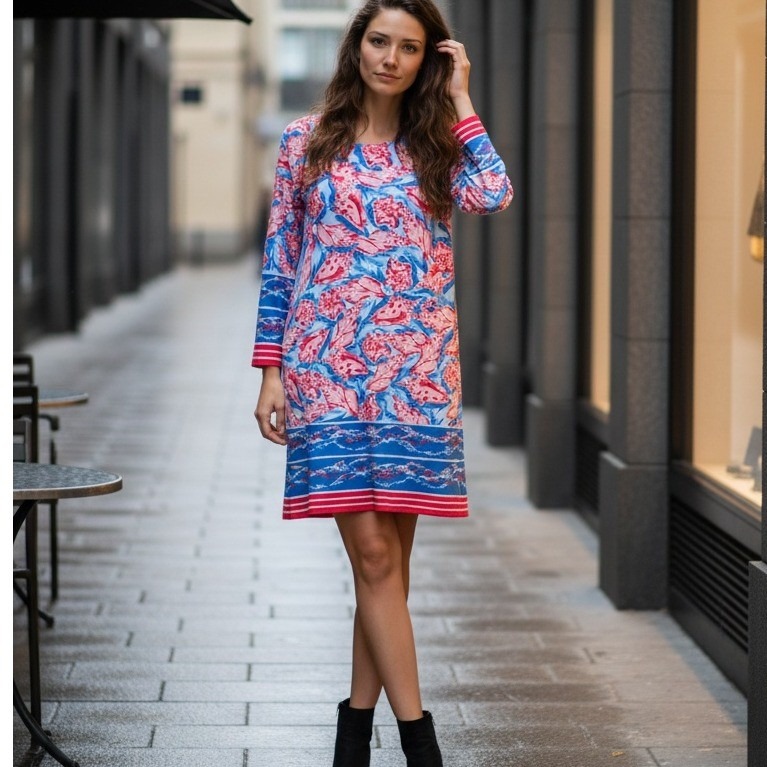 Jean Pierre Klifa Paris Dress Xxl Blue Pink Floral Long Slv Red White Blue $135